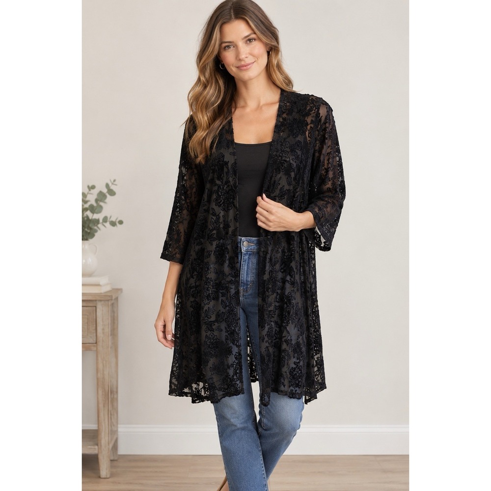 Knox Rose Women's Black 3/4 Sleeve Velour Duster Top XL Goth Dark Romantic